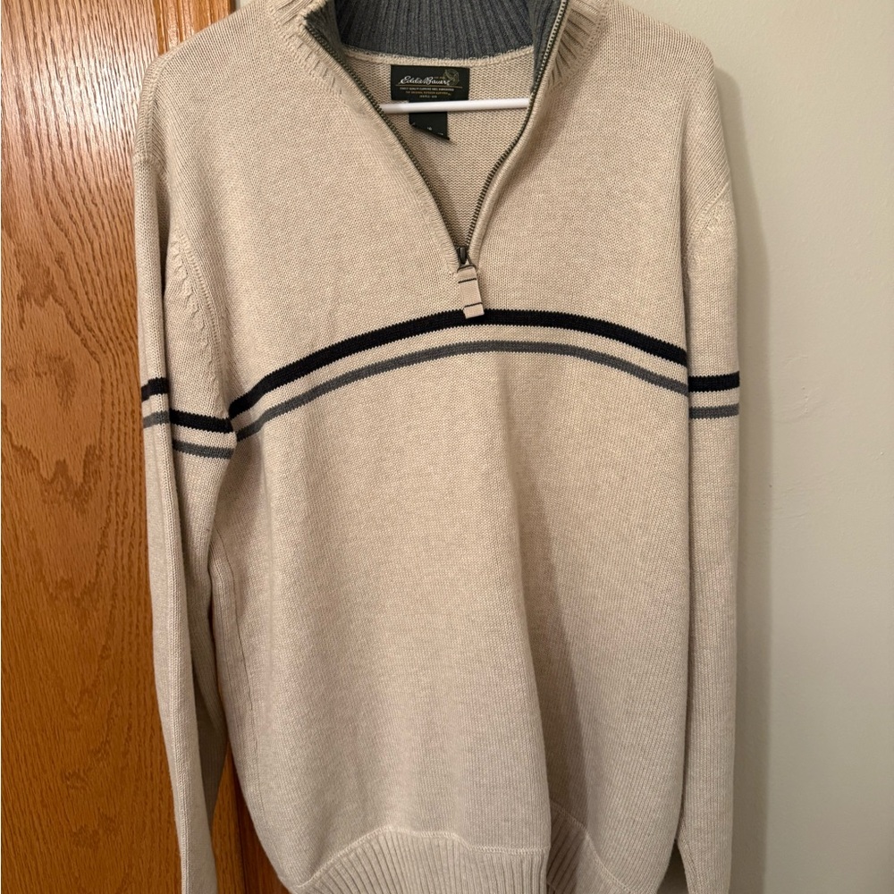 Eddie Bauer Beige Zip-Up Sweater with Black Accents